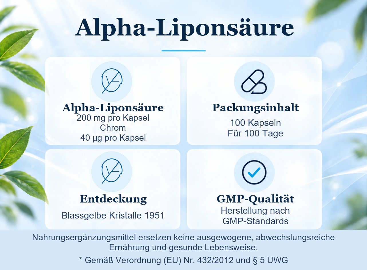 Alpha-Lipons&auml;ure: Zusammensetzung, 100 Kapseln f&uuml;r 100 Tage und Produktinformationen
