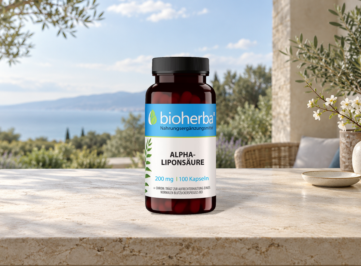 Alpha-Lipons&auml;ure &ndash; Produktflasche in einer Szene ohne Menschen