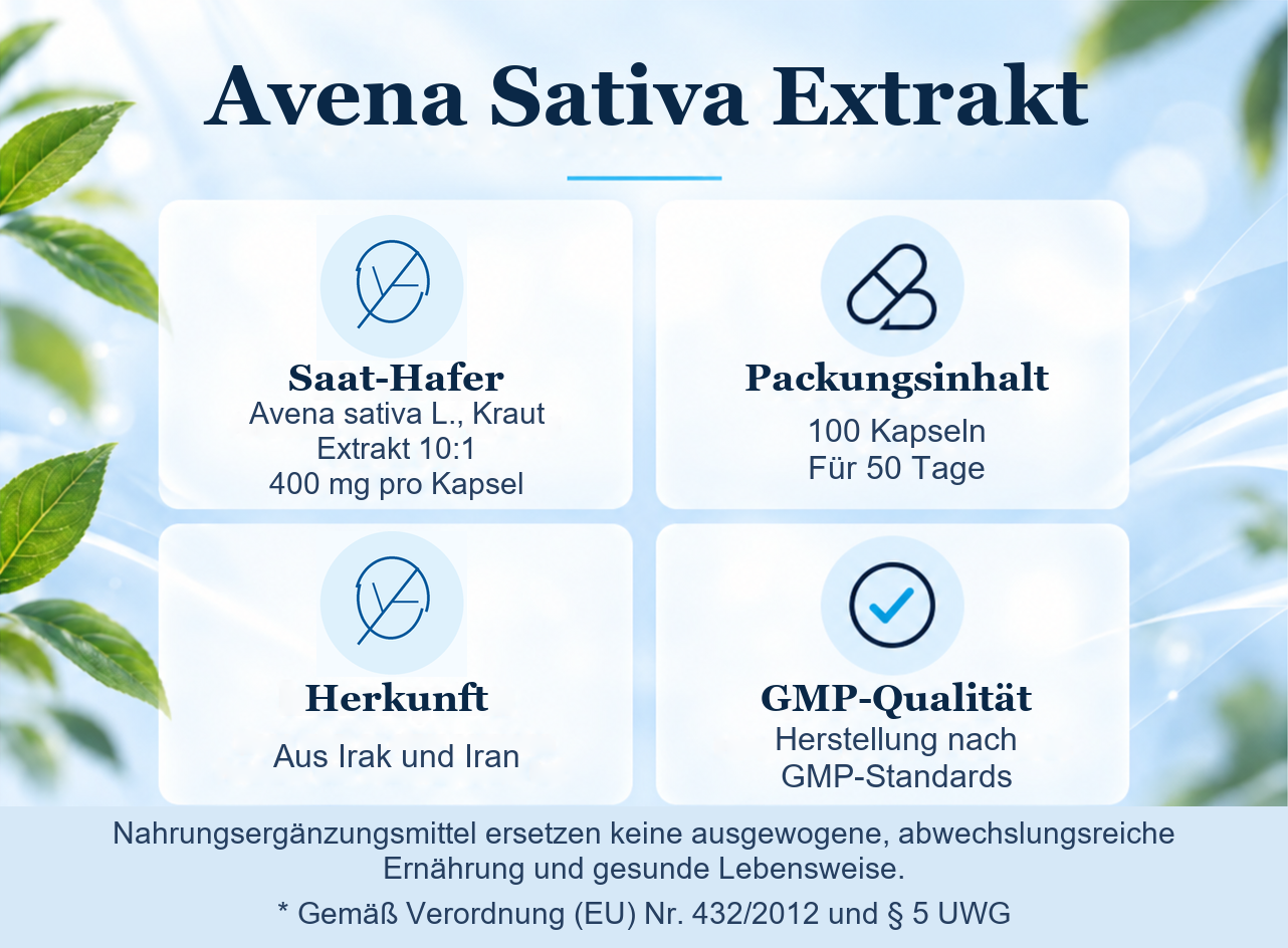 Avena Sativa Extrakt: Pflanze, 100 Kapseln für 50 Tage, Herkunft und GMP-Qualität
