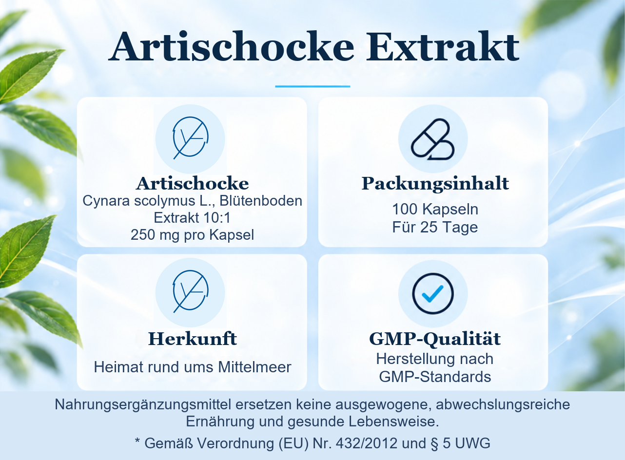 Artischocke Extrakt: Pflanze, 100 Kapseln für 25 Tage, Herkunft und GMP-Qualität