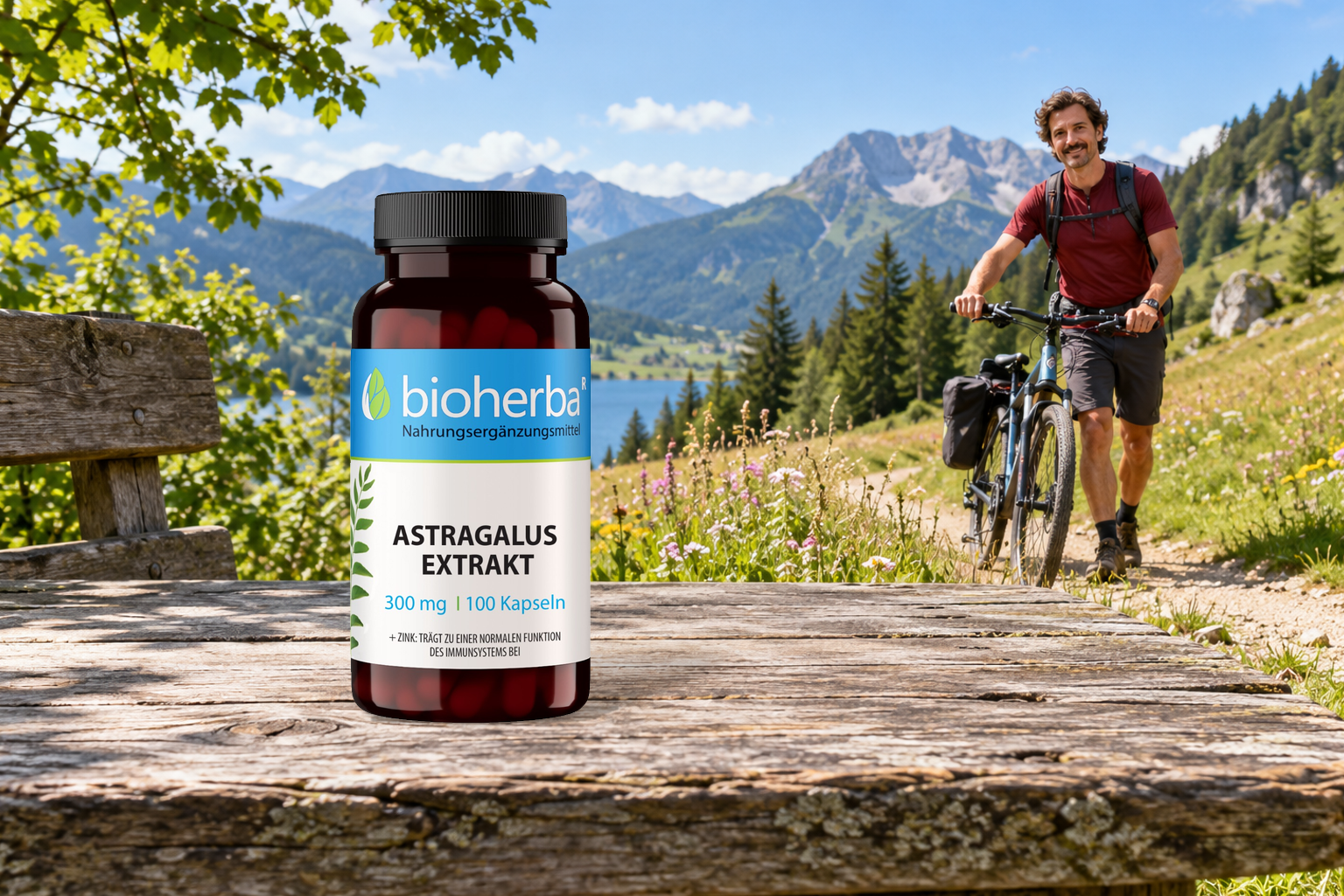 Astragalus Extrakt &ndash; Produktflasche in einer Szene mit Menschen