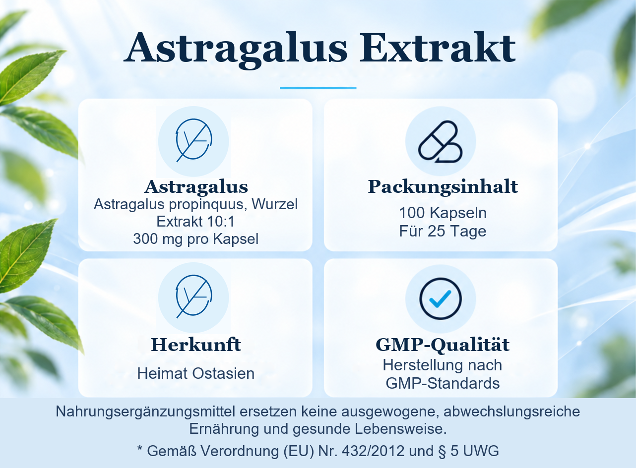 Astragalus Extrakt: Pflanze, 100 Kapseln f&uuml;r 25 Tage, Herkunft und GMP-Qualit&auml;t
