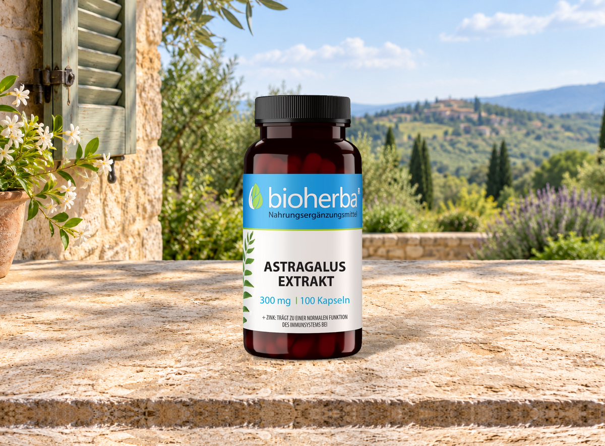 Astragalus Extrakt &ndash; Produktflasche in einer Szene ohne Menschen