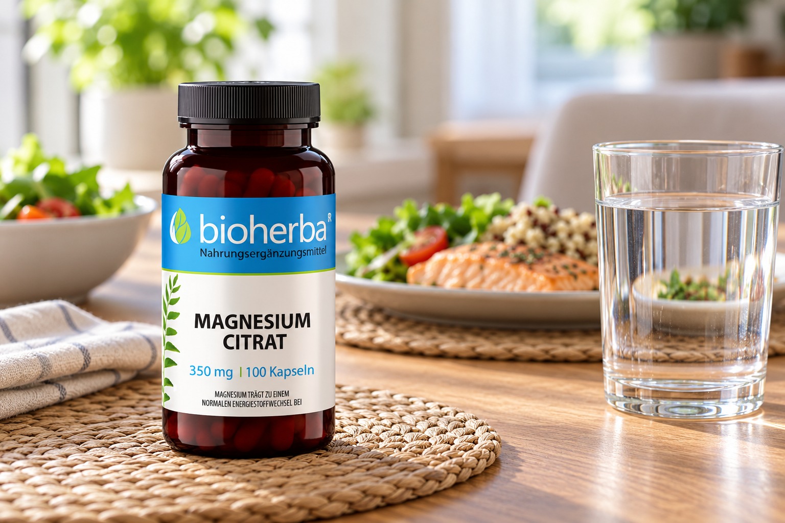 Bioherba Magnesium Citrat neben einem Glas Wasser zu einer Mahlzeit – KI-generierte Lifestyle-Darstellung