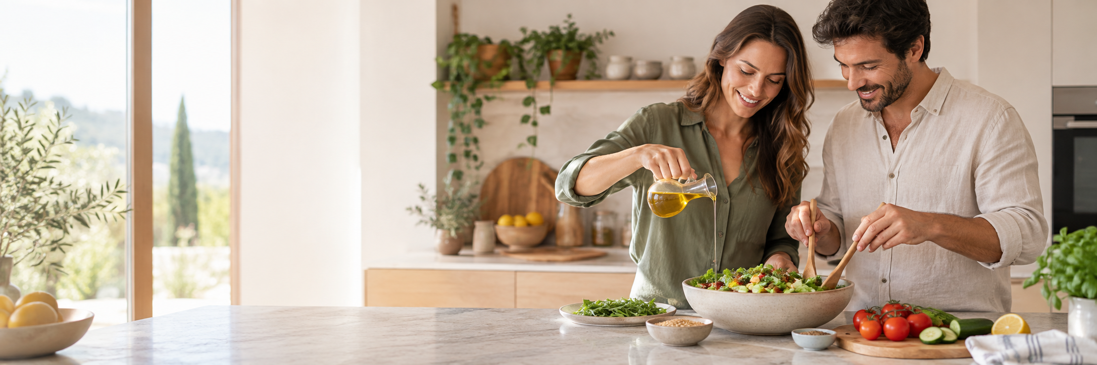 Zwei Personen bereiten gemeinsam einen Salat mit goldenem Speiseöl zu
