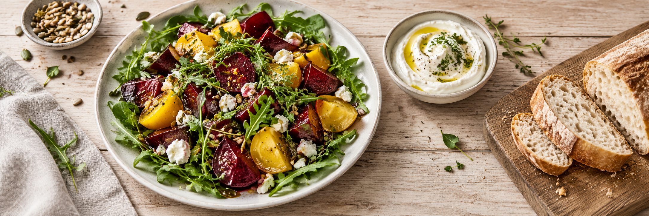 Salat mit Roter Bete, Blattgemüse und goldenem Öl, dazu Dip und Brot