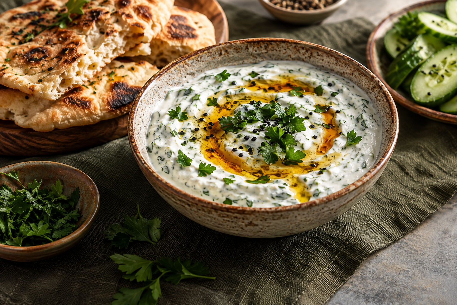 Kräuterjoghurt mit Öl, Fladenbrot und Gurke als Servieridee – KI-Illustration