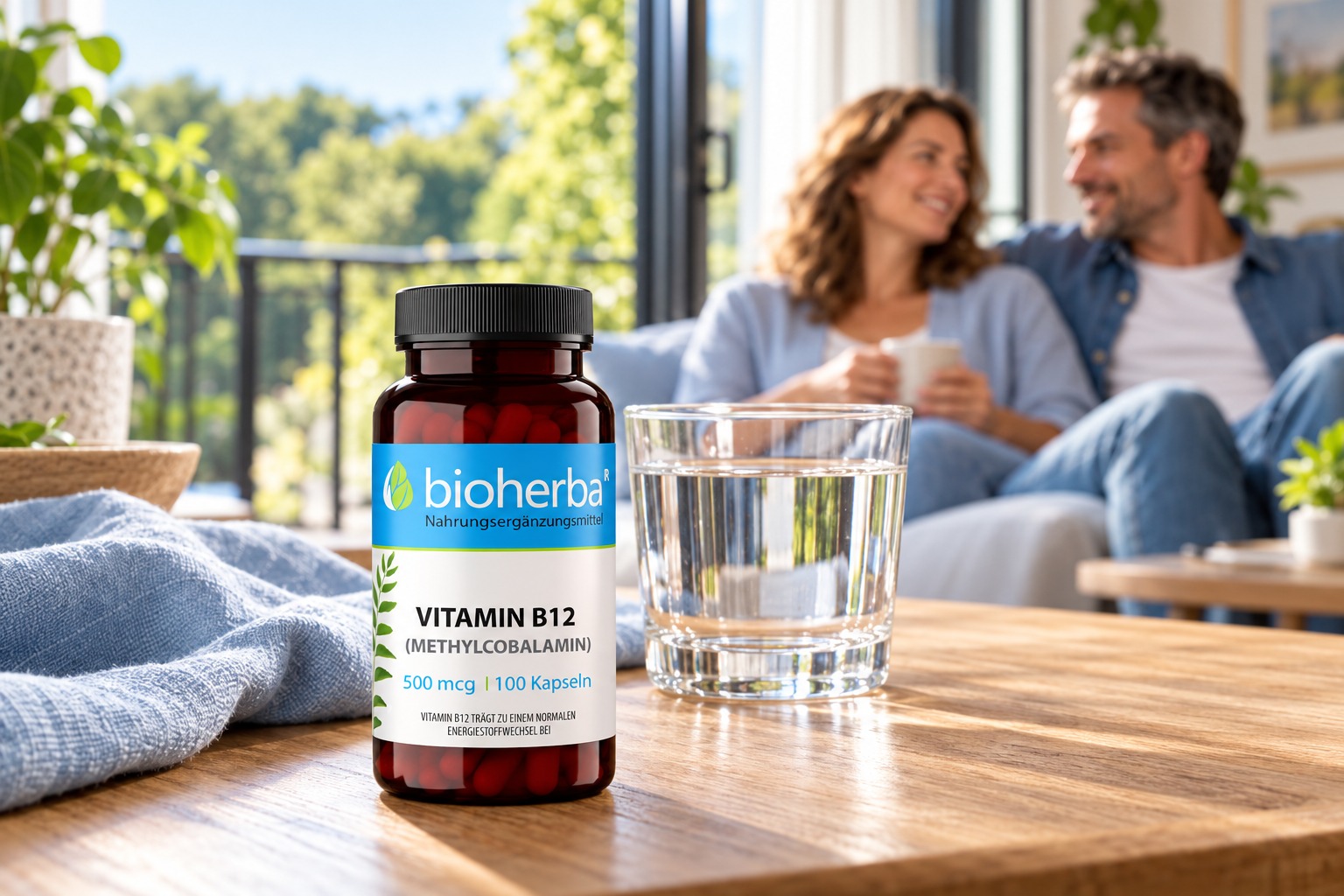 Bioherba Vitamin B12 Methylcobalamin 500 mcg auf einem Tisch mit einem erwachsenen Paar im hellen Zuhause &ndash; KI-generierte Lifestyle-Darstellung