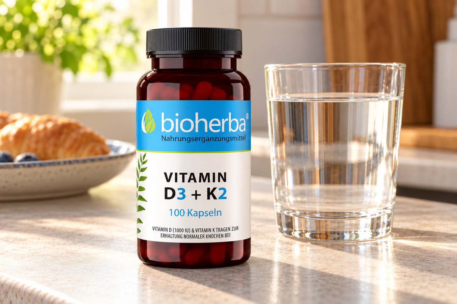 Bioherba Vitamin D3 + K2 neben einem Glas Wasser im Alltag &ndash; KI-generierte Lifestyle-Darstellung