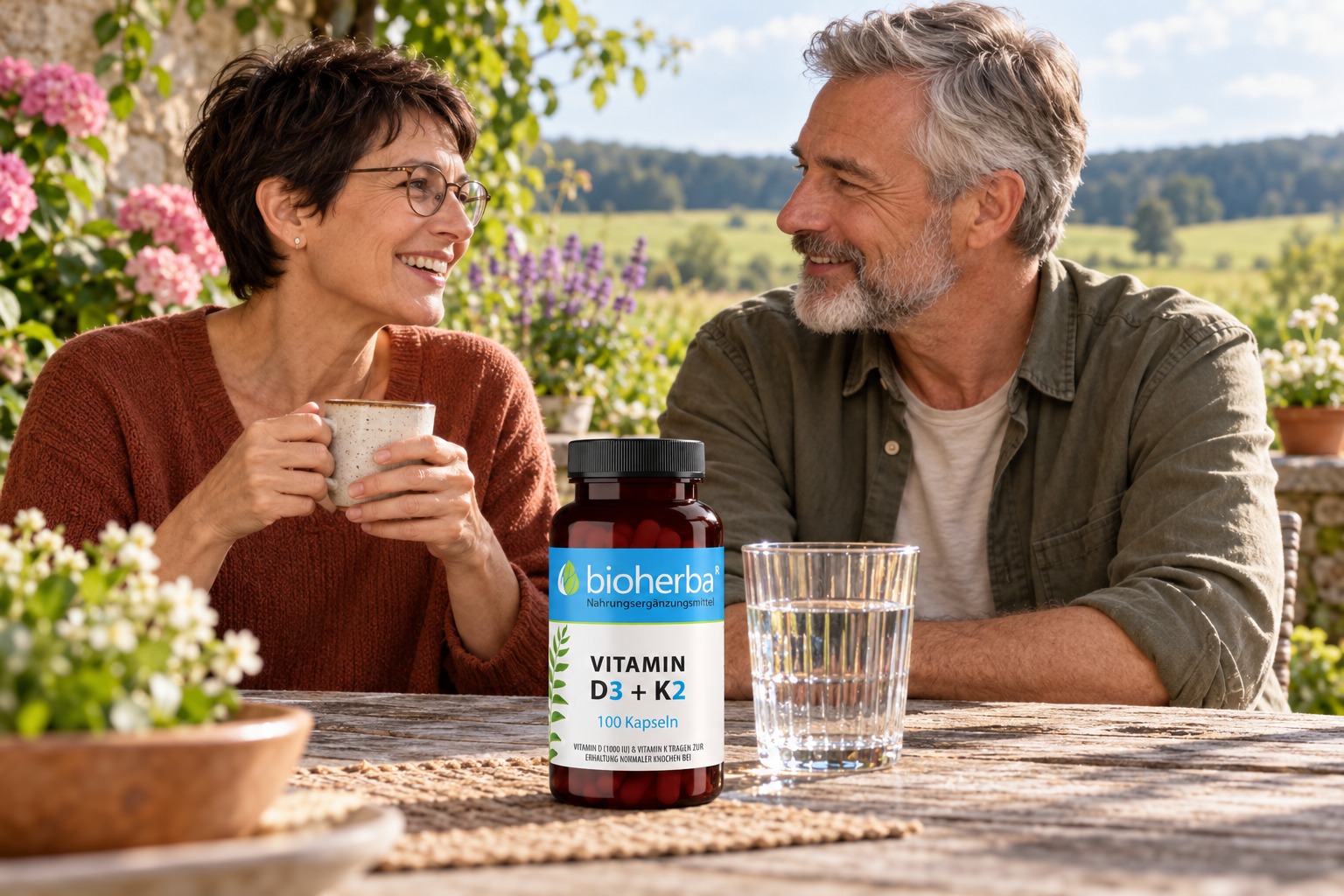 Bioherba Vitamin D3 + K2 mit einer Frau mit kurzer dunkler Frisur und einem grauhaarigen Mann auf einer Gartenterrasse &ndash; KI-generierte Lifestyle-Darstellung