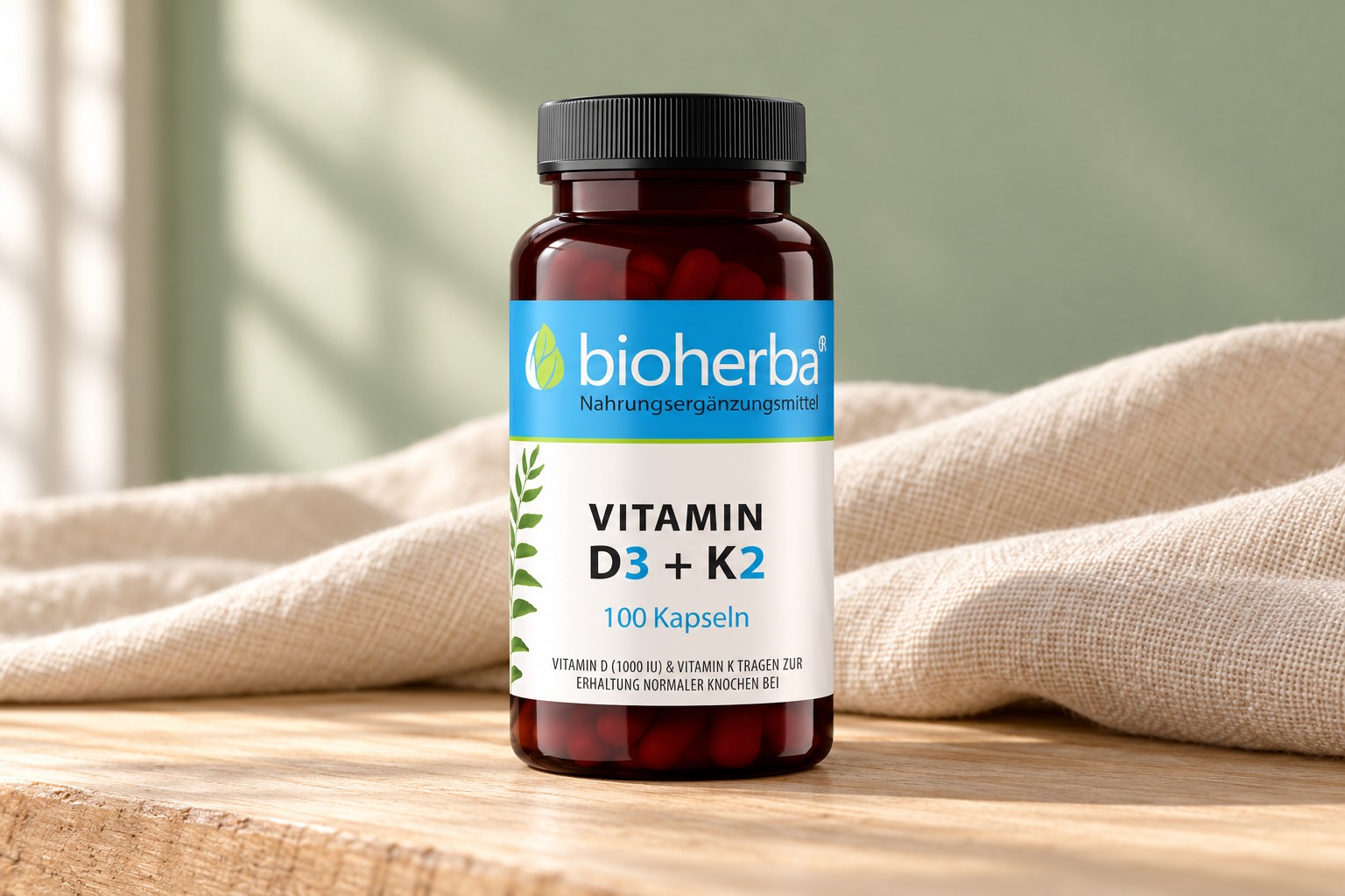Bioherba Vitamin D3 + K2 100 Kapseln auf hellem Holz mit cremefarbenem Leinen &ndash; KI-generierte Produktdarstellung